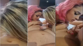 Aline Fischborn fazendo um caprichado boquete duplo em um ménage com uma gata mais nova