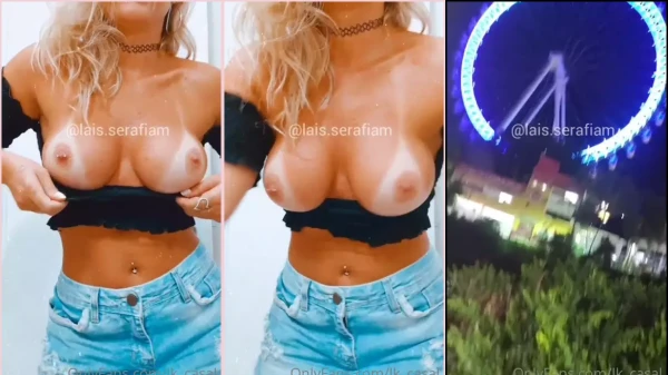 Lais, toda exibidinha de top e saia jeans, deixando as teta à mostra